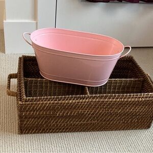 Pink Metal Tub with Brown Wicker Basket